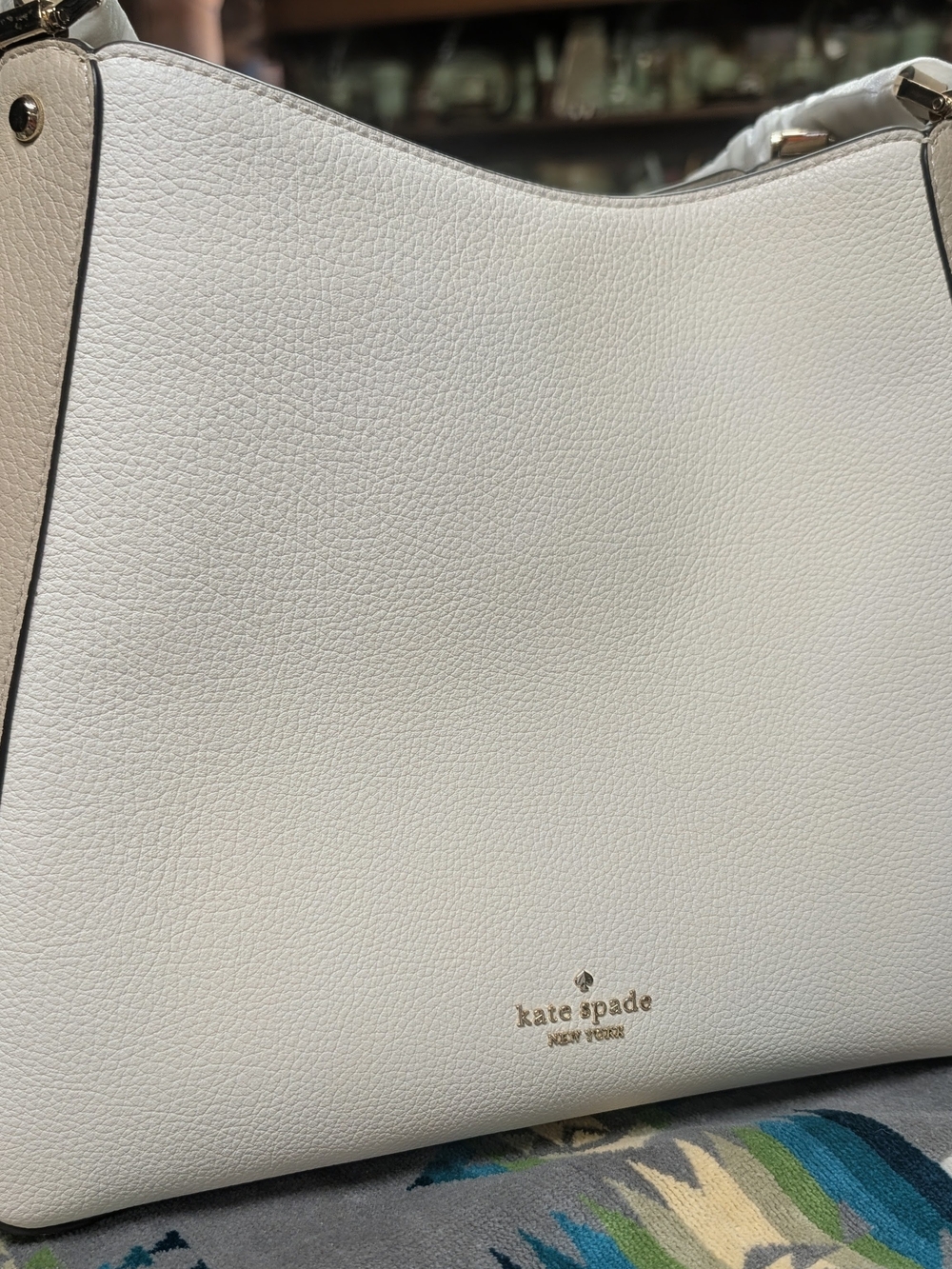 kate spade White Pebbled Leather Shoulder Bag with Gold Logo